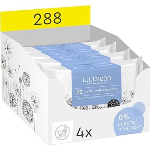 Hypoallergenic & strong Baby Wipes with 99% Water, Unscented & Plastic-Free, 4 resealable Packs (288 Wipes Total)
