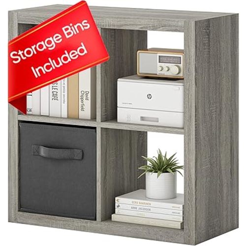 Bookshelf with Storage Bin, 4-Cube Storage Organizer, Modern Wood Open Bookcase, Multifunctional Display Shelf for Living Room, Bedroom, Home Office, Gray Oak