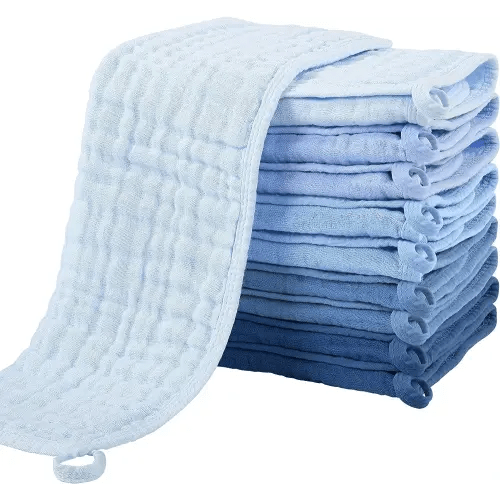 Yoofoss Muslin Burp Cloths for Baby 10 Pack 100% Cotton Baby Washcloths for Boys Girls Large 20''X10'' Super Soft and Absorbent Progressive Blue