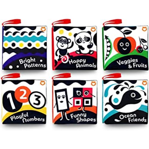 Cloth Books (Set of 6). High Contrast Soft Books. Black and White Images Encourage Infant Development – Suitable for Babies and Toddlers from 3 Months