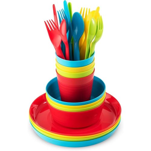 Kids Dinnerware Set for 4-24 Piece Plastic Childrens Dishes Dinnerware Sets Microwave/Dishwasher Safe BPA Free - Toddler Dinner Set Includes Kids Plates and Bowls Kids Cups Flatware Set