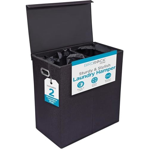 BIRDROCK HOME Laundry Hamper with Lid | Removable Bags for Sorting Clothes | Sectioned Laundry Basket for Bedroom & Bathroom | Collapsible Storage Bin with Cover | Double, Black
