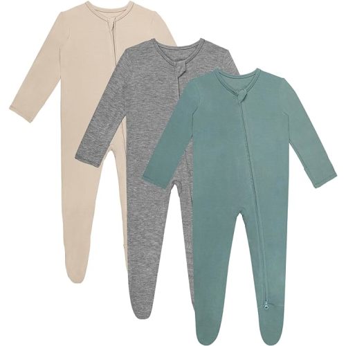 3 Pcs Baby Long Sleepers Pajamas One Piece Footies Rompers - Grey+oatmeal+ligh Green - Newborn