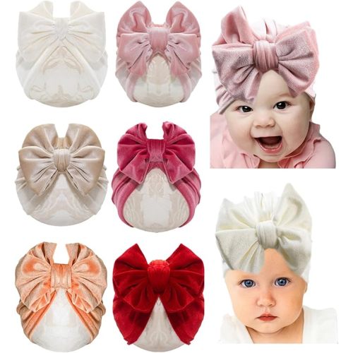 Baby Girls Hair Bow Turban Hat 6PCS Set, Top Bowknot Head Wrap Beanie India Caps for Infant Toddlers