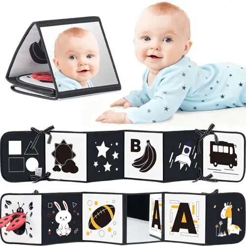 Black and White Baby Books for Newborn - Tummy Time Mirror & Sensory Toys Soft Montessori Toy for Infant Visual Stimulation, Brain Development & Early Learning - High Contrast Toys for 0-6 Months