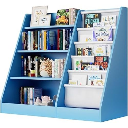 Blue 4 Tier Kids Wooden Bookshelf,Five Layer Sling Bookcase,Baby Storage Book Rack,Child Book and Toy Organizer Cabinet Chest,Toddler Book Display Playroom Kids Room Bedroom Classroom Nursery Library
