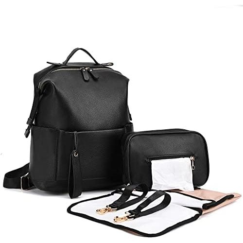 Diaper Bag Backpack Leather Backpack for Women Travel Baby Bag Mother Outdoor Backpack with Changing Pad Stroller Straps(2 pieces) Black