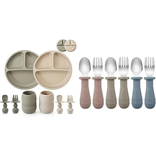 PandaEar Silicone Baby Feeding Set & Toddler Utensils (Blue/Brown/Red)