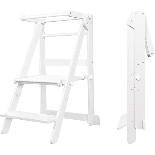 Foldable Toddler Learning Standing Tower, WOOD CITY Montessori Kitchen Step Stool Helper with 3 Adjustable Heights Learning Kitchen Tower (White)