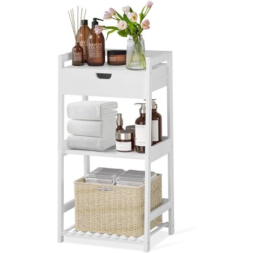 3 Tier Bamboo Bathroom Shelves with Drawer, Ladder Shelf for Bathroom Storage, Space-Saving Design, Stylish Display Nightstand, Stylish Storage Solution for Home, Living Room, Kitchen, Office