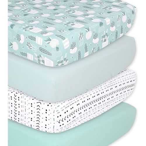 The Peanutshell Fitted Crib Sheet Set for Baby Boys or Girls | Unisex 4 Pack Set | Cactus, Succulents & Pastel Green