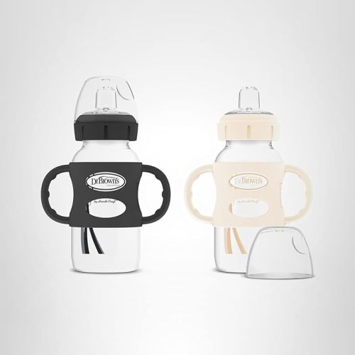 Dr. Brown's Milestones Wide-Neck Sippy Spout Bottle with 100% Silicone Handles, Easy-Grip Handles with Soft Sippy Spout, 9oz/270mL, Black & Ecru, 2-Pack, 6m+