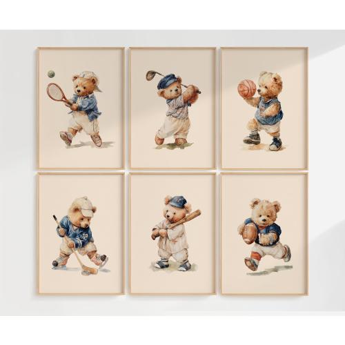 Set of 6 Vintage Teddy Bear Sports Wall Art, Babyshower Gift Boy, Watercolor Illustrations, Sports Nursery Theme Decor for Kids Room