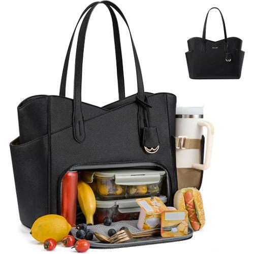 LOVEVOOK Lunch Bag for Women,2 in 1 PU Work Tote Bag with Lunch Compartment with Giant Tumbler Side Pocket, 15.6" Laptop Tote Bag with Padded Sleeve for Teacher,Nurse,College