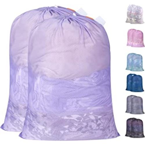 Polecasa Heavy Duty Large Mesh Laundry Bags with ID Tag and Locking Drawstring Closure - 2 Pack, 24 x 36 inches - Laundry Hamper Liner, Washable Laundry Bag for Travel, Sports, Dorms (Purple)