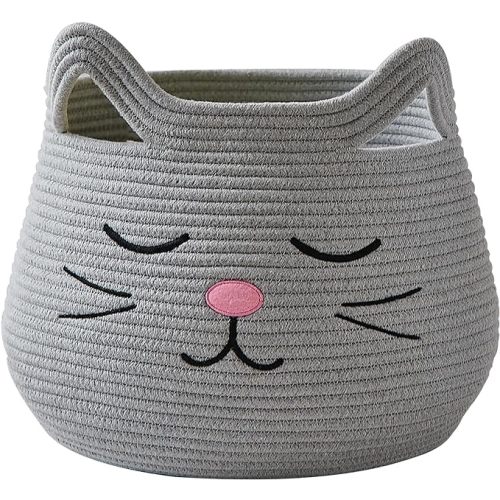Animal Baskets Cotton Rope Storage Basket Woven Toy Basket Large Basket for Blankets Cute Cat Basket with Handles Foldable Animal Laundry Basket Nursery Basket Organizer, 15"D x 12.6"H - Grey 1 - Grey Cat