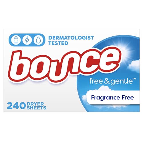 Bounce Free & Gentle Dryer Sheets, 240 Sheets, Unscented Fabric Softener Sheets, Hypoallergenic and Dermatologist Tested
