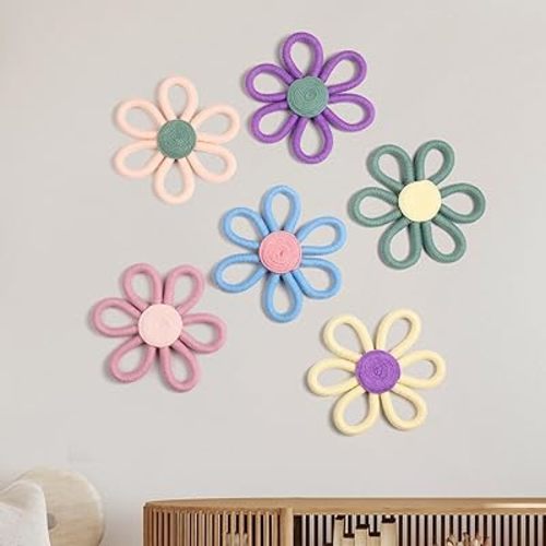 Ripeng 6 Pcs Boho Nursery Decor for Girl 6 inch Woven Daisy Flower Decor Macrame Wall Hanging Bohemian Wall Decor Daisy Nursery Decor for Baby Girls Kids Nursery Home Bedroom (Vivid Colors)