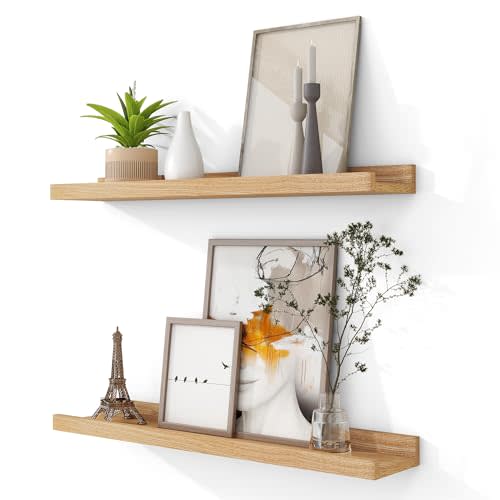 Acovy Solid Ash Wood Picture Ledge Shelf, 24 Inch Wood Floating Shelves with Lip Set of 2, Photo Ledge Shelf Nursery Bookshelf Wall Mounted for Living Room Bedroom Decor, Natural
