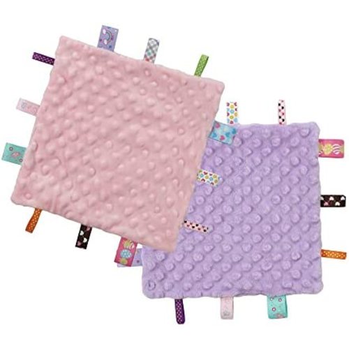CREVENT Tag Security Blankets for Babies, Soft Small Loveys for Girls, Baby Comforter Sensory Blanket, Great Gifts for Birthday Baby Shower (10"X10" Purple+Pink Tag)