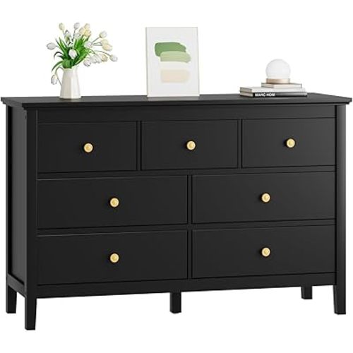 CARPETNAL Black Dresser for Bedroom, 7 Drawer Dresser with Wide Drawers and Metal Handles, Black and Gold Modern Dressers & Chests of Drawers for Hallyway, Entryway.