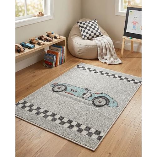 Rugs.com - Whimsy Kids Rug – 2' 2 x 2' 11 Gray Easy-Clean Rug – Playful Race Car Design for Playrooms and Nurseries