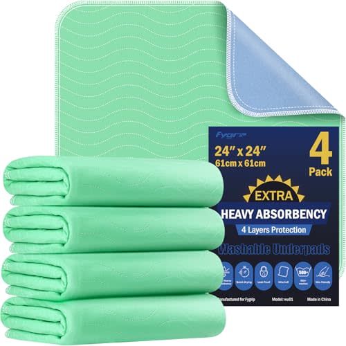 4 Pack 24” x 24” Extra Heavy Absorbency Washable Underpads, Waterproof Nursing Pads Incontinence Bed Pads, Reusable Washable Pee Pads for Dogs, Diaper Changing & Adults, Washable Puppy Pads