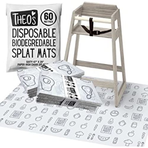 THEO'S MATS 60 Count Disposable Mats for Under High Chair - 100% Biodegradable & Compostable 47" x 29" Splat Mat Floor Covering | Baby Led Weaning Supplies for Home or Restaurants, Gray