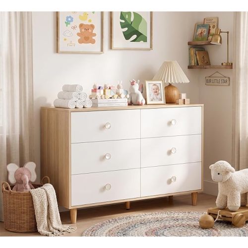 BERRY NEST White Dresser for Bedroom, 6 Drawer Dressers with Solid Wood Legs, Baby Dresser for Kids, Storage for Clothes and Baby Essentials