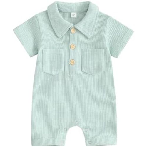 Newborn Baby Boy Clothes Waffle Knit Short Sleeve Romper Jumpsuit Collared Bodysuit One-Piece Summer Outfit