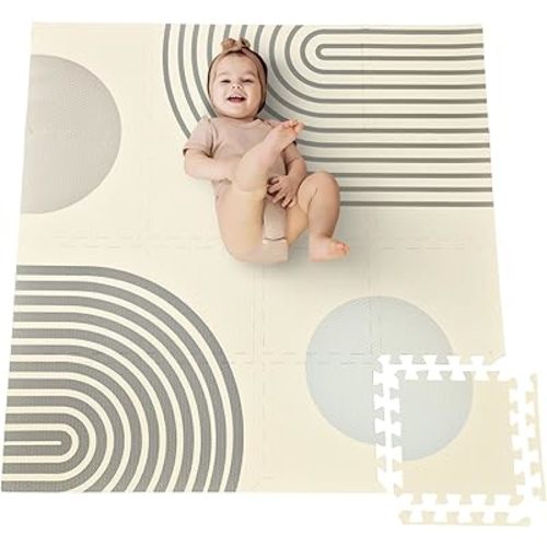 Cateam Baby Play Mat 47x47 inch – Boho Style Soft EVA Foam Puzzle Tiles for Floor, Toddlers & Kids – Non-Toxic Interlocking Squares for Nursery, Gym & Playroom