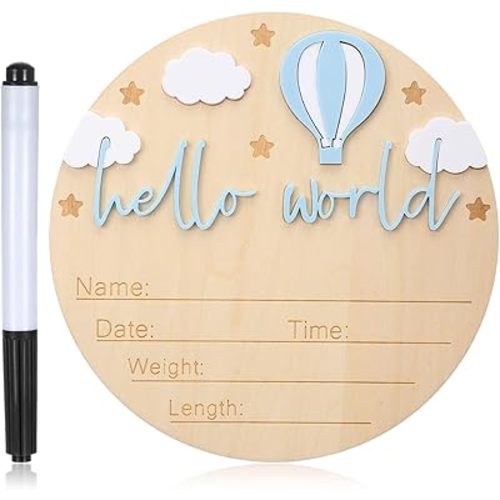 Baby Announcement Sign, Wooden Hello World Newborn Welcome Sign, Birth Stats Signs Newborn Photo Prop, Monthly Milestone Wood Discs (Blue)