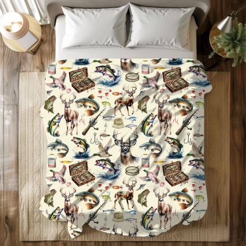 Vintage Hunting Fishing Blanket | Cabin Lodge Blanket | Soft Velveteen Plush Blanket | Toddler Comfy Throw | Bass Deer Duck Catfish Blanket