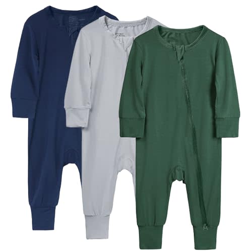 kpoobox Baby Boys Girls Footless Pajamas with Mitten Cuffs - 3Pcs Rayon of Bamboo Long Sleeve 2 Way Zipper Sleepers