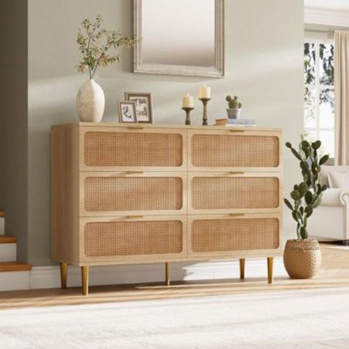 6-Drawer Rattan Dresser - Wide Top Wooden Chest with Deep Storage for Bedroom/Kids Room/Living Room (Natural Weave)
