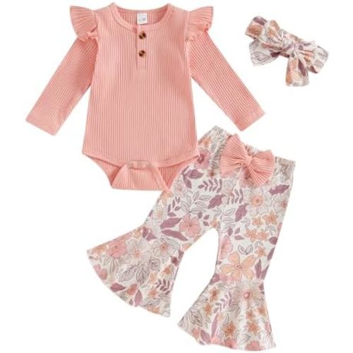 Newborn Baby Girl Clothes Ribbed Long Sleeve Ruffle Romper Bell-Bottom Pants Headband Set 3Pcs Fall Winter Clothes