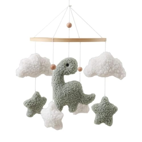 Soft Green Dinosaur Theme Baby Mobile for Crib, Simple Crib Bell for Boys and Girls,Handmade Felt Clouds Nursery Ceiling Decoration,Easy to Install Cotton Animal Charms for Bassinet