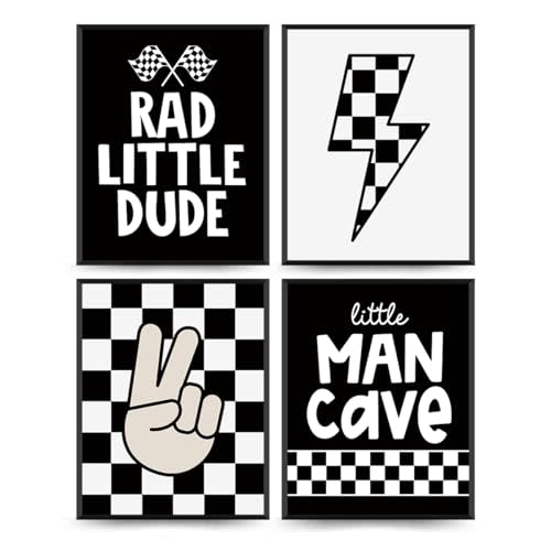 PLKMN Boys Room Playroom Decor, Baby Boy Nursery Decor, Rad Little Dude Prints Set of 4, Little Man Cave Wall Art Prints, 8x10 Inch (Unframed)