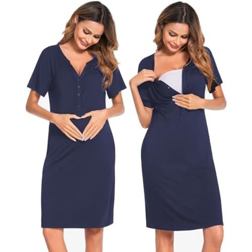 Ekouaer Nursing Nightgown Striped Women Short Sleeve Breastfeeding Sleep Dress Maternity Delivery/Labor Gown
