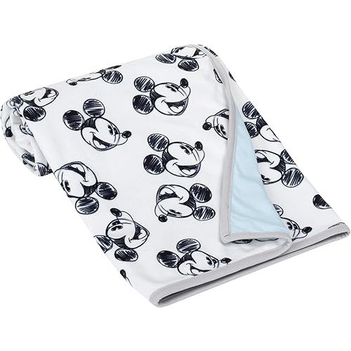 Lambs & Ivy Disney Baby Mickey Mouse Baby Blanket - Blue/White Minky/Jersey