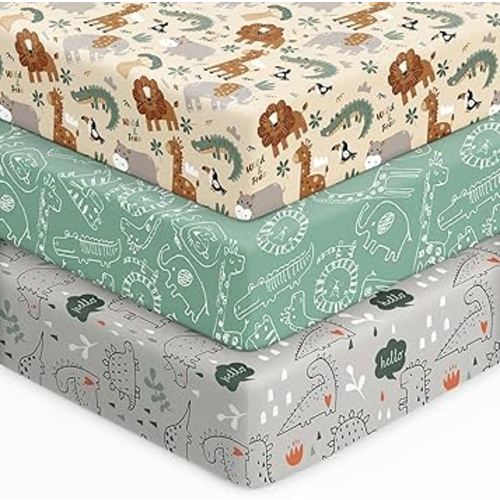 Baby Crib Sheets for Boys Girls, 28x52x8in Fitted Crib Sheet Neutral 3 Pack for Standard Crib and Toddler Mattress, Breathable Soft Microfiber Baby Sheet Green & Apricot Lion