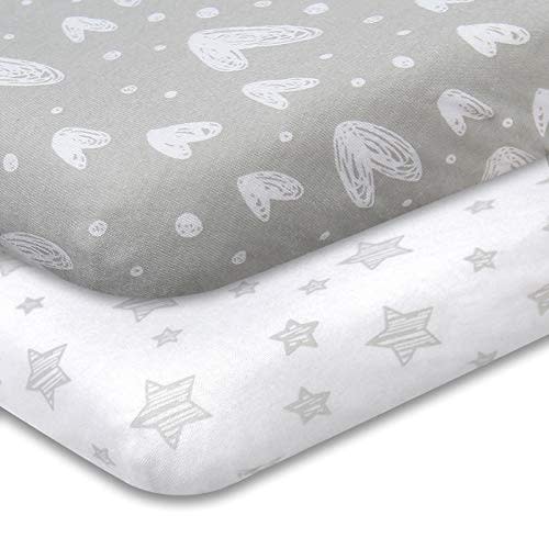 Biloban Pack and Play Sheets Fitted, 2 Pack Playard Sheets Fits for Graco Pack n Play Mattress, 100% Jersey Knit Cotton Mini Crib Sheets for Baby Boys & Gril