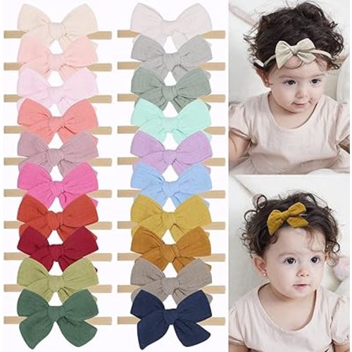 doboi 20PCS Baby Headbands Hair Bows Muslin Gauze Bows Elastic Nylon Hairbands Boutique Soft Hair Accessories for Girls Newborns Infants Toddlers and Kids