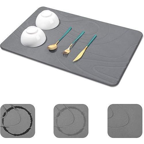 Large Stone Drying Mat for Kitchen Counter - 24"x16" Dirt-Resistant Quick Drying Fast Absorbent Non-Slip Diatomite Mat, Natural Diatomaceous Earth Dish Drying Pad for Dish Rack(Dark Grey)