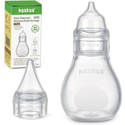 Haakaa Silicone Baby Nasal Aspirator | Nose Bulb Syringe | Easy-Squeezy Baby Nose Cleaner, 0m+ Newborn Infant &Toddler - BPA Free Silicone-2 Tips