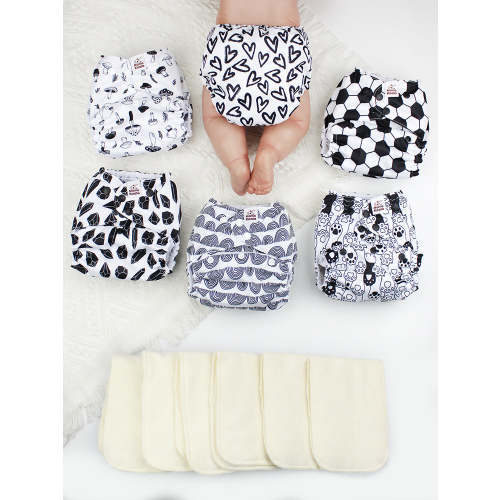 POCKET DIAPER 3.0 WITH INSERTS - 6 PACK(Black & White World)