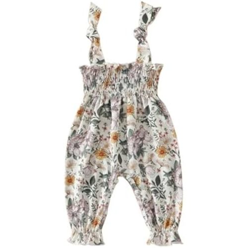 Infant Baby Girls Outfit Ruched Flower Print Jumpsuit Tie Up Sleeveless Romper Overall Pants Summer Clothes One Piece