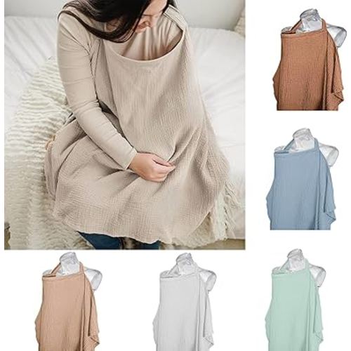 Nursing Cover for Baby Breastfeeding, Muslin Breathable Breastfeeding Cover with Hoop,Multi-use Carseat Canopy,Adjustable Mother Nursing Apron (Beige)