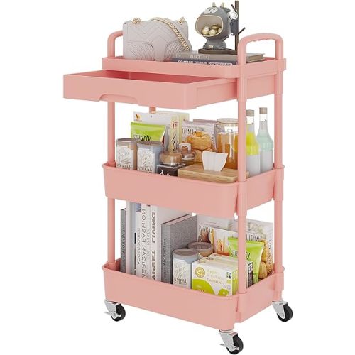 Calmootey 3-Tier Rolling Utility Cart with Drawer,Multifunctional Storage Organizer with Plastic Shelf & Metal Wheel,Storage Cart for Kitchen,Bathroom,Living Room,Office,Pink
