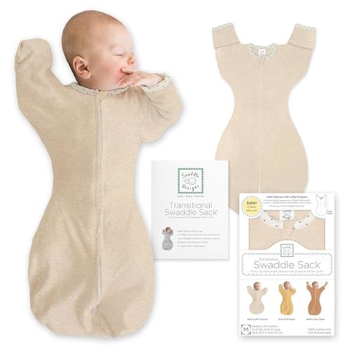 SwaddleDesigns Transitional Swaddle Sack, Arms Up Half-Length Sleeves & Mitten Cuffs, Most Gradual Transition Swaddle for Newborns to Baby Sleep Sack, Medium, 3-6 Month, 14-21 lb, Heathered Oatmeal